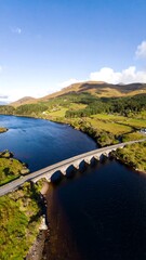 Scenic aerial view of a bridge over a lake