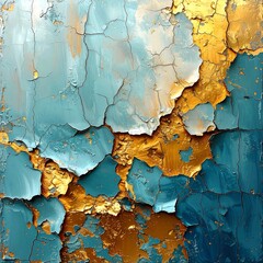 Textured abstract painting with cracked teal and gold paint