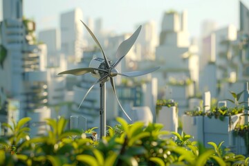 Small wind turbine generating clean energy in a futuristic green city, showcasing sustainable urban development