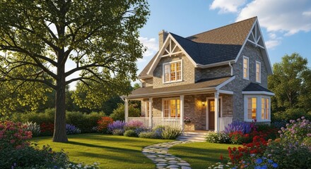 Naklejka premium A charming, two-story house with a green roof and white trim, surrounded by a lush garden with blooming flowers and a large tree in the foreground.