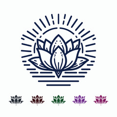 Monoline Lotus Flower and Sunburst Icon for Wellness and Spirituality

