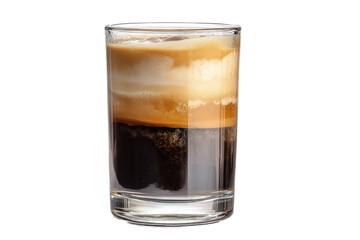 A layered shot glass cocktail with dark liquor, liqueur, and foam, isolated on transparent background