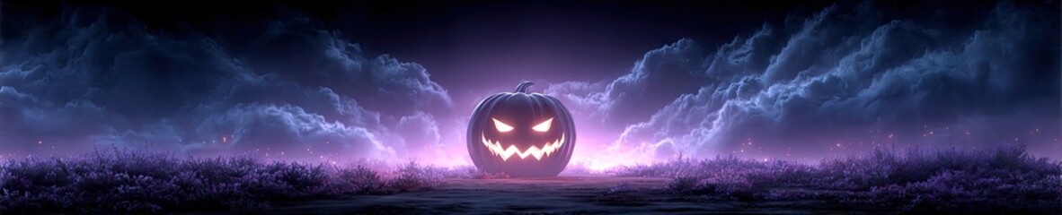 A Spooky Glowing Jack-o-Lantern with an Evil Grin Illuminates a Foggy Purple Landscape