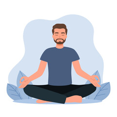 Male character meditating. Guy meditating in yoga lotus pose, calm, tranquility and meditation flat vector illustration. Relaxed man meditating