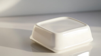 Minimalist white square bowl with sleek design, capturing modern simplicity. Light and shadow play, creating depth and subtle contrasts in a studio setting.