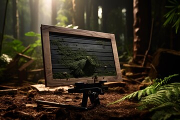 Educational model volcano with moss growing on it, placed on a tripod in a lush forest, demonstrating powerful eruption