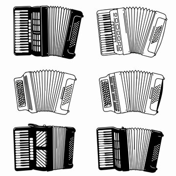 Six distinct accordion illustrations in black and white styles, featuring both detailed outlines and solid silhouettes, representing musical instruments and cultural heritage.