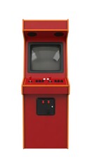 Red arcade cabinet with orange trim isolated on a white background, retro arcade game