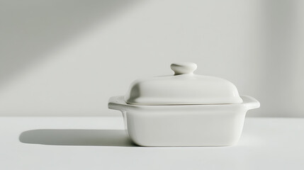 A clean, minimalist composition featuring a white ceramic container with a lid, bathed in soft, natural light creating subtle shadows against a neutral background.