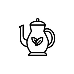 Clean Line Art Icon of a Teapot with Leaf Design on a Transparent Background