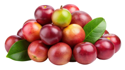 A vibrant pile of ripe red and green plums with fresh leaves isolated on transparent background