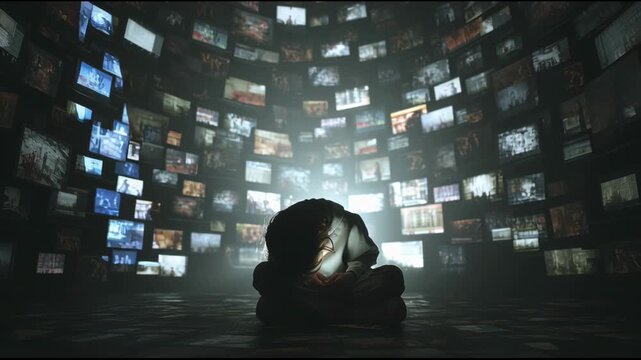A child sitting in a dark room surrounded by floating screens projecting notifications, videos, and messages, with a stressed and anxious expression.