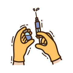 Close up of hands wearing yellow gloves holding a medical vial and a syringe with blue liquid and splashing drops against a white background representing medical procedures and healthcare