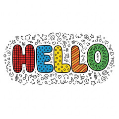 Handwritten HELLO typography with fun textures and scattered cheerful elements for childrens designs