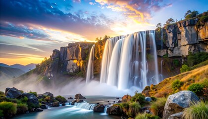Majestic waterfall cascades over rocky cliffs at sunset