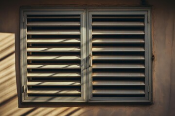 Sunlight casts shadows on a closed metal window grill, creating an interesting pattern of light and shade