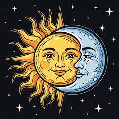 Smiling sun and serene crescent moon faces depicted together in a celestial night sky scene