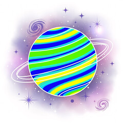 Whimsical striped planet with orbiting rings floating amidst a swirling galaxy and twinkling stars
