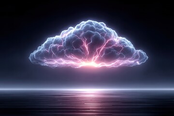 Abstract 3D Cloud With Glowing Pink Neural Network Connections Over Reflective Dark Water Surface