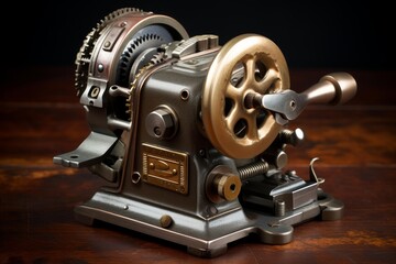 Fototapeta premium Mechanical check writing machine featuring gears, levers, and a brass wheel, evoking a bygone era of finance