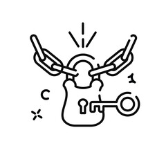 Conceptual Illustration of a Locked Padlock Secured by Chains with a Key Nearby Representing Security and Access on Transparent Background