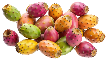 A vibrant assortment of ripe prickly pear cactus fruits in various colors isolated on transparent background