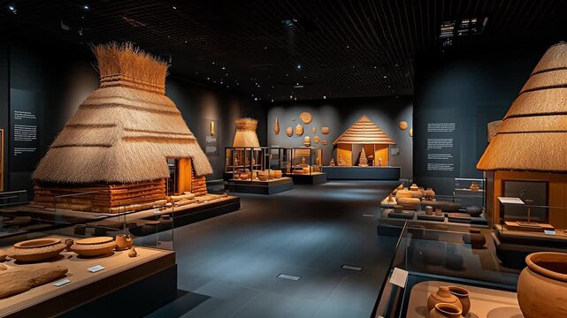 縄文時代の古代住居と土器の博物館。Generative AI