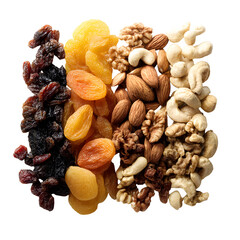 Mixed nuts and dried fruit, white isolated background