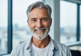 Naklejka premium Smiling senior man with gray hair and beard in casual shirt