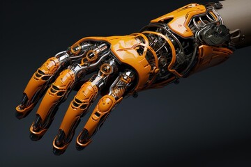 Orange and metallic robotic arm extended against a dark background, highlighting the intricate details of its construction