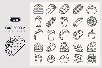 Collection of Diverse Fast Food Icons in Simple Pixel Art Style White Background.
