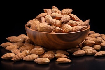 Shelled almonds spilling from a wooden bowl onto a dark surface, creating a visually appealing arrangement