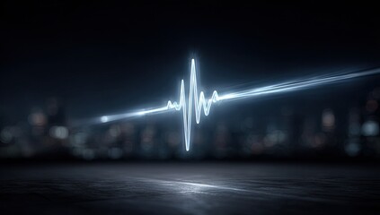 Abstract Blue Neon Electrocardiogram ECG Line Pulsating Over Dark Cityscape at Night