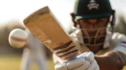 Batter in action. Focused player swings at ball in a cricket match. Intense moment of sport, showcasing skill and athleticism during game.