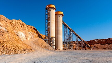 Gold ore refinery plant with conveyor belts and steel pipelines under natural sunlight.