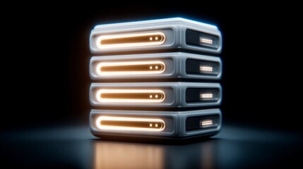 Capturing the essence of modern data storage with sleek, glowing server racks, symbolizing efficient technology and powerful digital infrastructure for forward-thinking businesses.