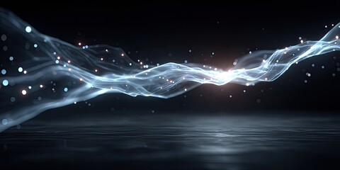 Abstract Blue Wave Energy Flow With Particles On Dark Reflective Surface Futuristic Digital Art