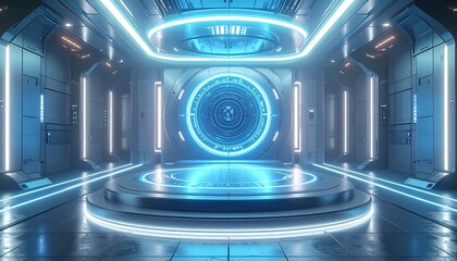 Futuristic High-Tech Interior with Glowing Blue Neon Lights and Central Podium, an Empty Advanced Sci-Fi Digital Environment for Virtual Reality Experiences or Presentation Backgrounds
