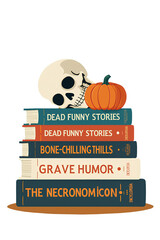 Vintage skull with old books and pumpkin in moody light. Dark academia Halloween clipart for aesthetic designs, readers, and cozy fall art.