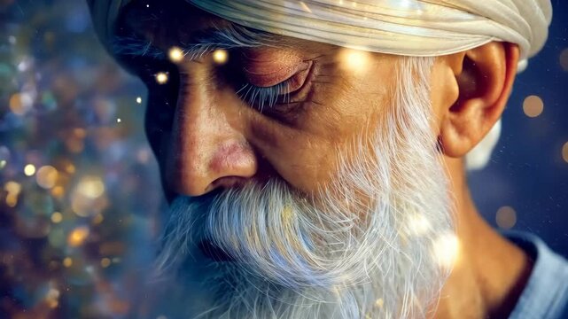 Elderly Man in Thoughtful Reflection with Sparkling Lights