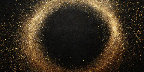 Fototapeta premium Golden glitter dust arranged in circular artistic frame isolated on dark background - AI generated