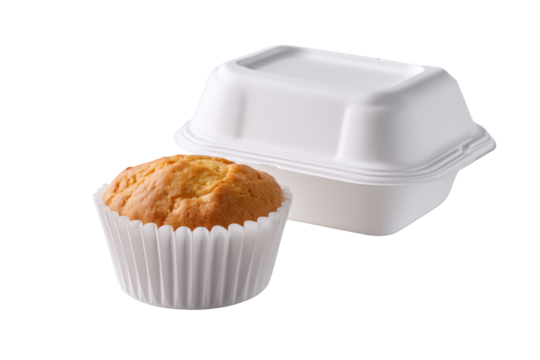 A single muffin in a paper liner next to a white takeout container, isolated on transparent background