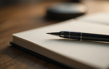 A sleek black mechanical pencil resting on the blank pages of an open notebook, concept of writing, journaling, or taking notes