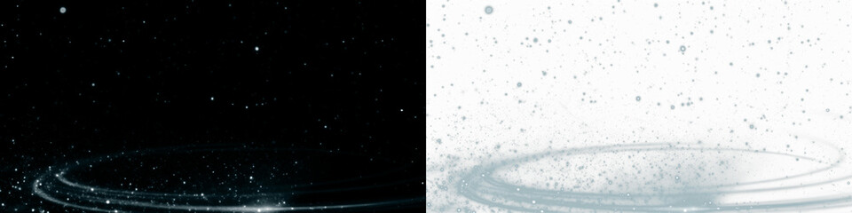 Abstract PNG overlay featuring a dynamic swirl of sparkling particles on contrasting black and white backgrounds, ideal for creative design projects and visual storytelling