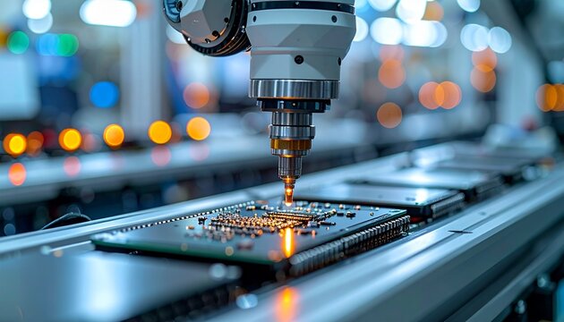 Automated robotic arm performing precision soldering on a circuit board, a concept of advanced electronics manufacturing and Industry 4.0 technology