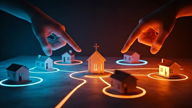 Hands connect small house models to a church with glowing lines, symbolizing community and faith. Visualizing modern technology in religious outreach.