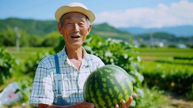 採れたてのスイカを抱えるおじいさん農家。Generative AI
