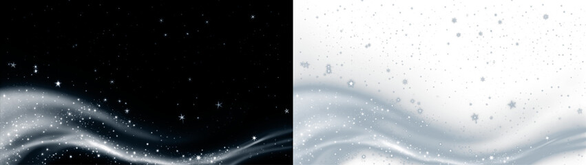 Abstract winter-themed PNG overlay featuring shimmering stars and flowing waves on contrasting black and white backgrounds, ideal for creative design projects and festive decorations