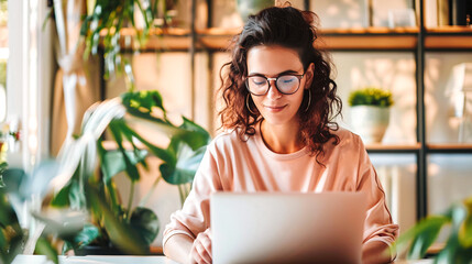 Jeune femme travaillant sur son ordinateur portable en télétravail