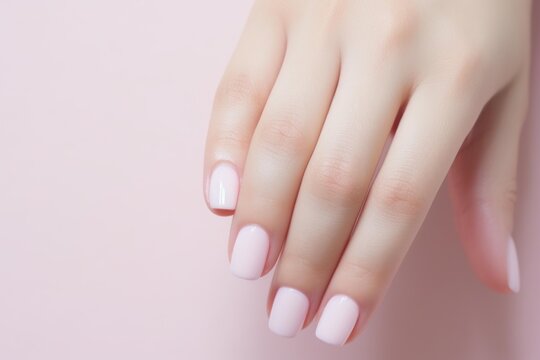 Delicate pastel pink manicure on a woman's hand, showcasing elegance and beauty on a matching pink backdrop - Powered by Adobe
